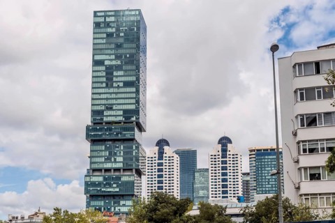 Square building with glass window facade in Istanbul, Turkiye