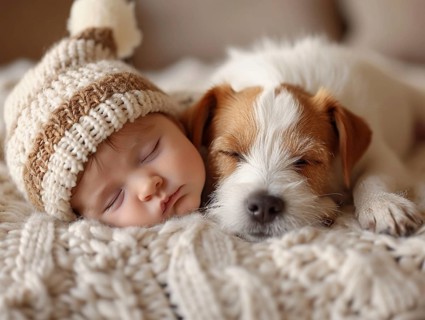 A newborn baby nestled in warm blankets, small dog next to it, ai generated, AI generated