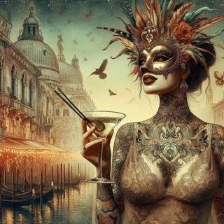 Digital artwork of a person in Venice scape featuring gondolas and landmarks, holding a martini