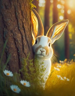 Cute rabbit hiding behind a tree in the forest. Generative AI art, AI generated