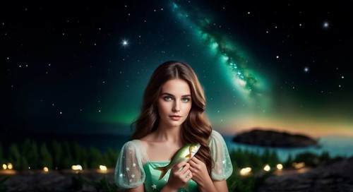 Young woman Pisces according to the zodiac sign with brown hair and blue eyes with a fish in her
