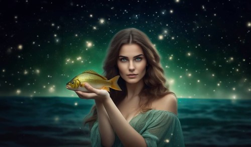 Young woman Pisces according to the zodiac sign with brown hair and blue eyes with a fish in her