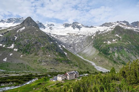 Picturesque mountain landscape, mountain hut Berliner Huette, mountain summit Steinmandl, summit