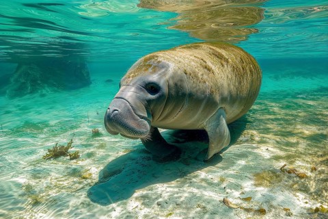 A manatee or west indian manatee (Trichechus manatus) swims leisurely in a sunlit, clear water over