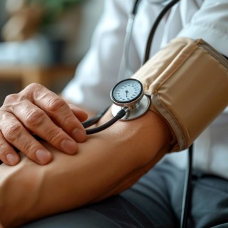 A man checks his blood pressure with a measuring device. Avoidance of bulk hypertension, scarcity,