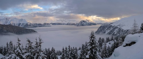 Mountain panorama, foggy landscape, Belalp, Naters, Brig, Canton Valais, Switzerland, Europe