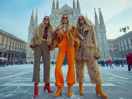 Fashion in Italy, men and women posing with new trendy fashion generated in Milan, AI generated