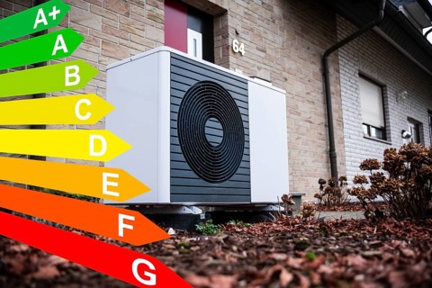 Heat pump on a detached house, diagram with energy efficiency classes for buildings according to