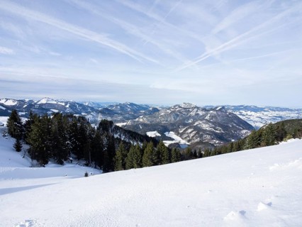 Winter mood, snowy landscape, snowy alpine peaks, view from the Schafbergalm to Lake Mondsee,