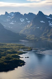Atmospheric landscape, Raftsund fjord and mountains, view from the summit of Dronningsvarden or