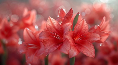 Butterfly sword lily, Gladiolus papilio red flowers with water droplets glisten in the light, AI