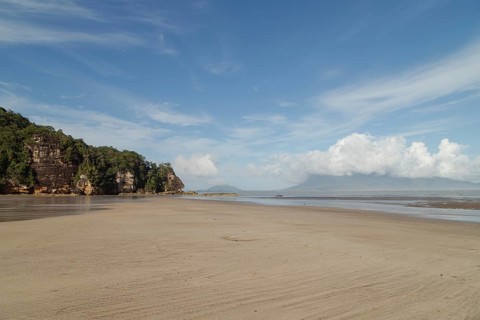 Cliff in Bako national park, sunny day, blue sky and sea. Vacation, travel, tropics concept, no