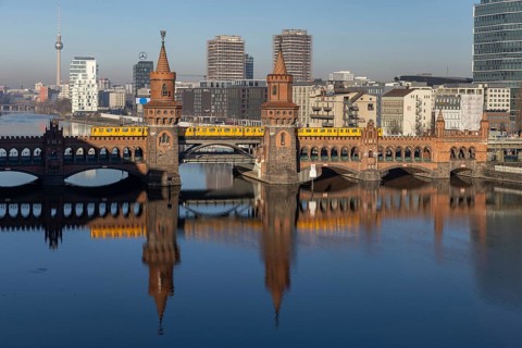 Oberbaum Bridge over the Spree, underground train BVG, city view Berlin, Friedrichshain-Kreuzberg,