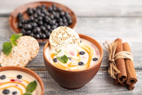 Yoghurt with bilberry and caramel in clay bowl on gray wooden background. side view, close up,