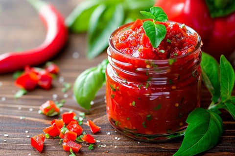 Fresh basil leaves emphasise the homemade character of the freshly made pepper jam, KI generated,