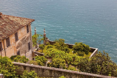 View over the Limonaia del Castel to Lake Garda, Limone sul Garda, Lombardy, Italy, Europe