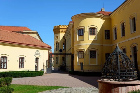 A castle courtyard with yellow facades, a sculpture and a fountain on a sunny day, Officers'