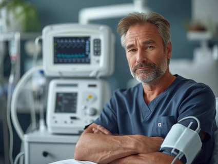 A man checks his blood pressure with a measuring device. Avoidance of bulk hypertension, scarcity,
