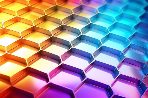 Metallic honeycomb pattern illuminated with vibrant gradient colors abstract background, AI