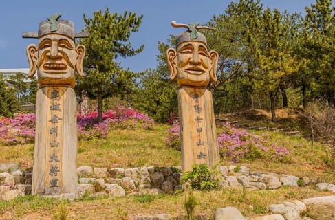 Large totem poles in nature park at Goseong Unification Observation Tower in Goseong, South Korea,