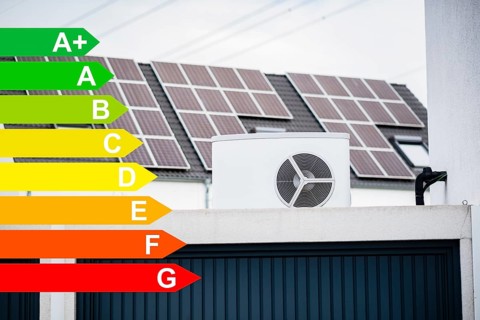 Heat pump on a garage roof in a new housing estate, solar panels mounted on house roofs in the