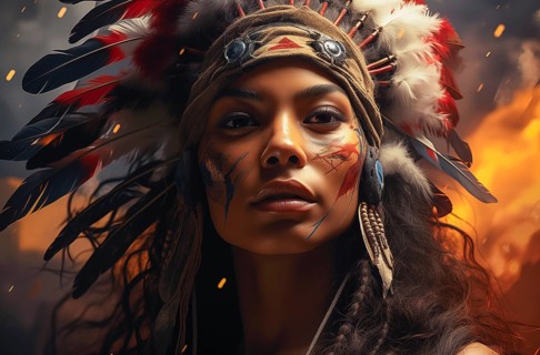 Portrait of a young woman in traditional Indian traditional costume and war paint looks intensely