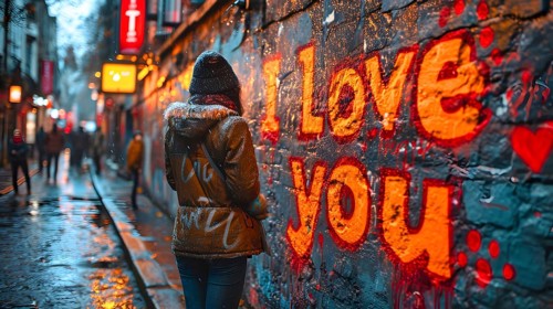 I Love You with red outlined yellow letters was painted on a blue brick wall, in front of it a