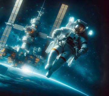 Science fiction, Space travel, An astronaut in a spacesuit floats in zero gravity in space, Space,