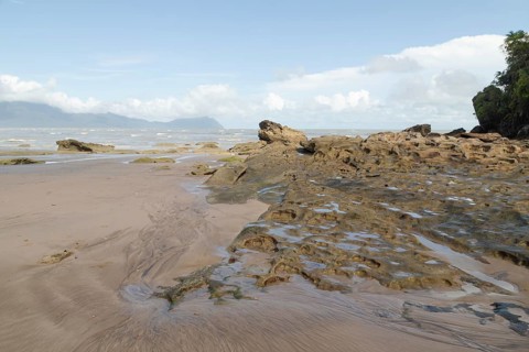 Bako national park, sea sandy beach, sunny day, blue sky and sea. Vacation, travel, tropics