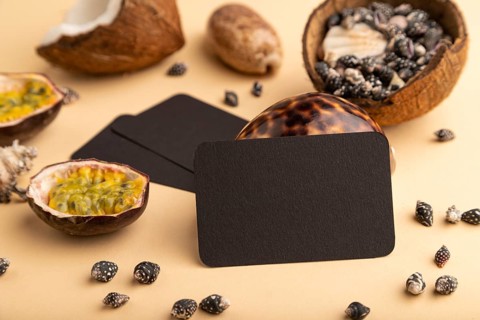Brown paper business card with coconut, passion fruit, seashells, on orange pastel background. Side
