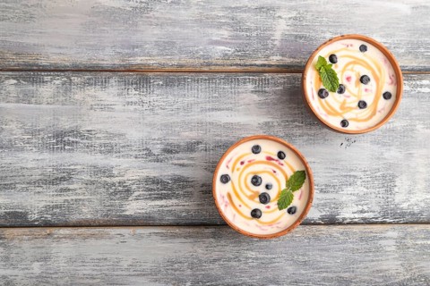Yoghurt with bilberry and caramel in clay bowl on gray wooden background. top view, flat lay, copy