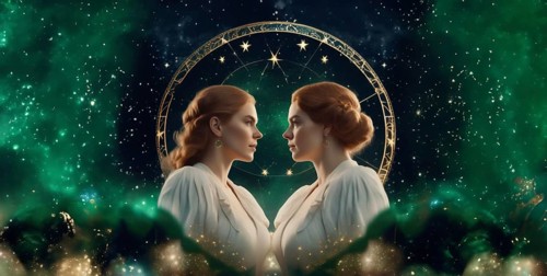 Young woman Gemini by zodiac sign with brown hair and green eyes against the background of the