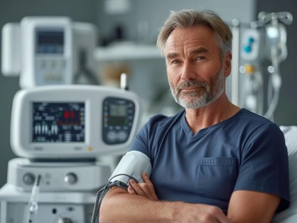 A man checks his blood pressure with a measuring device. Avoidance of bulk hypertension, scarcity,