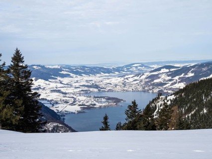Winter atmosphere, snowy landscape, view from the Schafbergalm to the Mondsee, near St. Wolfgang,