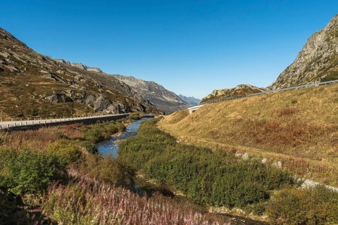 Mountain landscape at the Gotthard Pass, view of the old pass road, Canton Ticino, Switzerland,