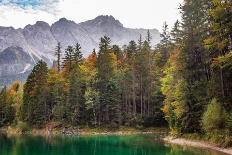 Zugspitze massif and Zugspitze with Eibsee lake, Wetterstein mountains, Grainau, Werdenfelser Land,