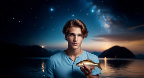 A young man Pisces according to the zodiac sign with brown hair and blue eyes with a fish in his