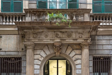 Entrance portal of the birthplace of Tommaso Pendola, 1800 -1883, Italian priest and pedagogue,