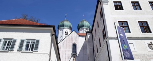 Seeon Monastery, restaurant, guest house and onion domes of St Lambert's Monastery Church, dream