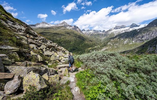 Mountaineers on a hiking trail in front of a picturesque mountain landscape, rocky mountain peaks
