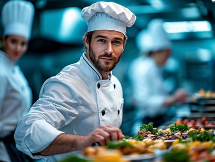 Chefs in a commercial kitchen at work, AI generated