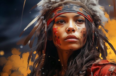Portrait of a young woman with Indian feather jewellery and war paint, vivid colours emphasise her