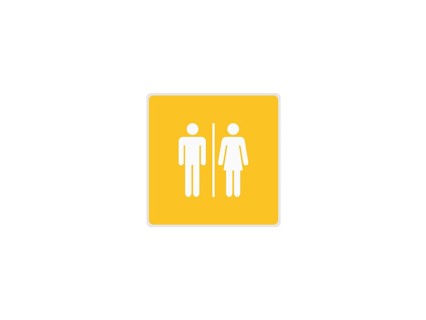 A unisex restroom sign with male and female symbols on a yellow background