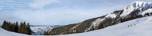 Winter mood, snowy landscape, view from the Schafbergalm to the Mondsee and the Schafberg,