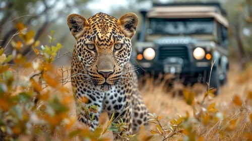 Leopard (Panthera pardus) in natural environment with Jeep, Landrover, AI generated