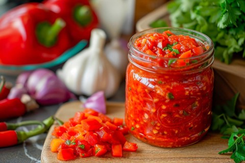 Freshly prepared paprika jam in a jar next to ingredients on a wooden cutting board, KI generated,