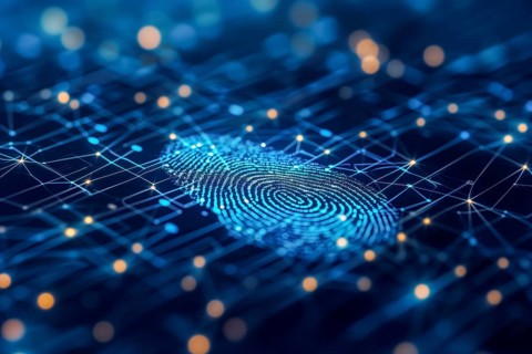 Digital representation of a fingerprint with network connections symbolises security technology,
