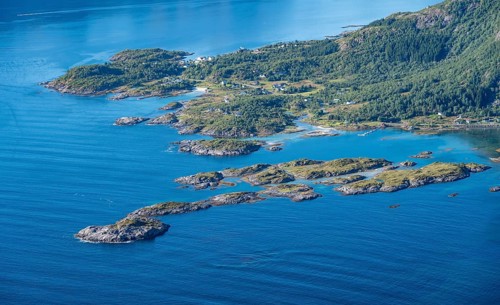 Coast and rocky islands in Raftsund, sea with archipelago islands, Vesteralen, Norway, Europe