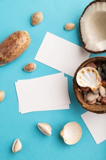White paper business card with coconut and seashells on blue pastel background. Top view, flat lay,