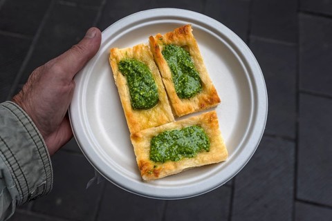 Fresh Genoese basil pesto with pastries on a plate, Genoa, Italy, Europe